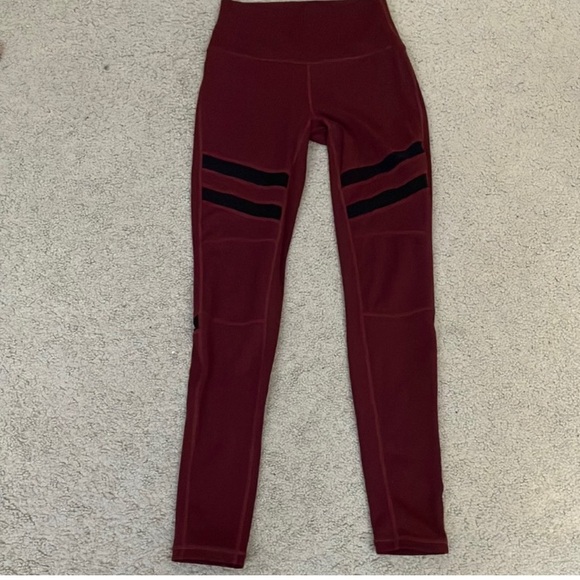 Burgundy High Waisted Leggings with Mesh Black Stripes - Picture 1 of 8